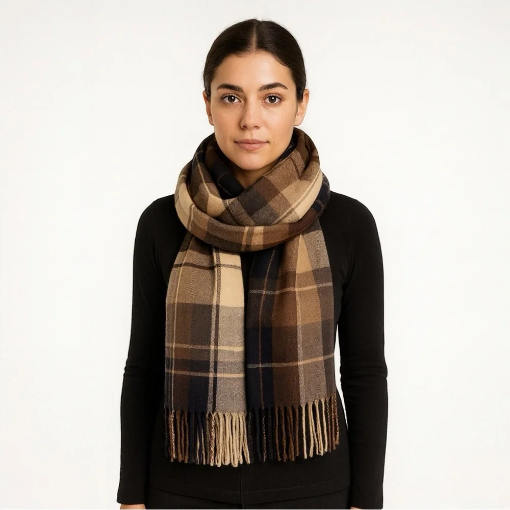 Oversized Brown Tan Plaid Blanket Scarf Wrap | Fringe Neutral Winter Shawl